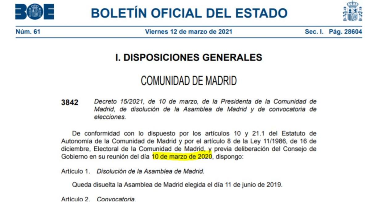 El BOE publica el Decreto electoral de Ayuso con erratas sobre la fecha