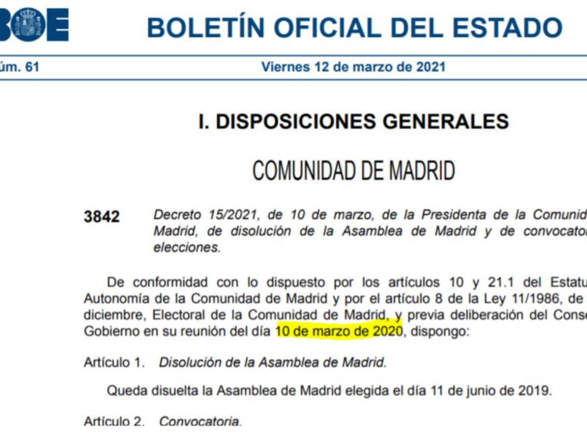El BOE publica el Decreto electoral de Ayuso con erratas sobre la fecha