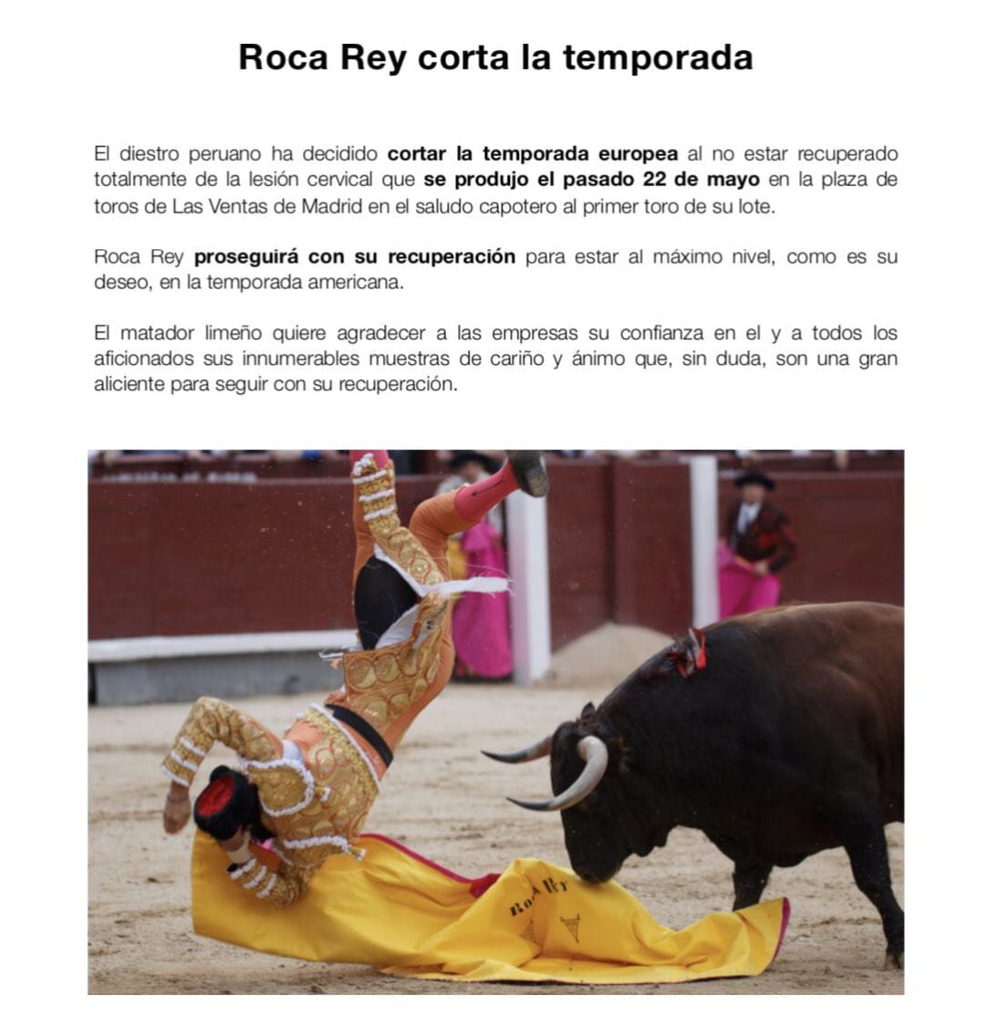 Comunicado oficial difundido por el torero peruano en sus redes sociales