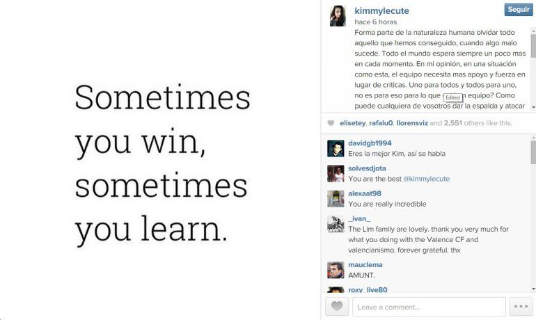 Mensaje que lanza Kim Lim a la afición del Valencia en Instagram