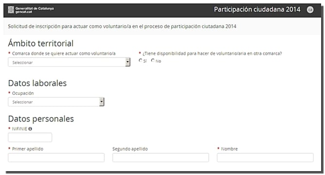 Un fragmento del formulario online que hay que rellenar para ser voluntario el 9-N