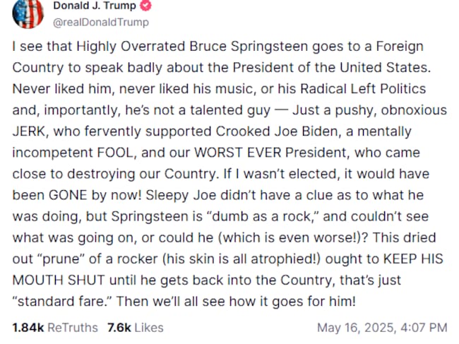 Donald Trump ataca a Bruce Springsteen a través de su red social