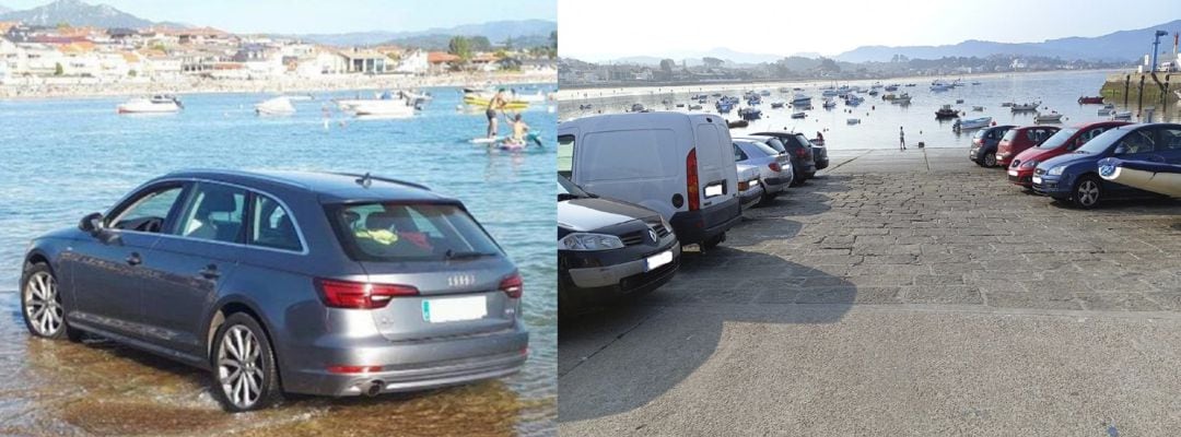 A la izquierda el coche que hace varios días quedó semisumergido y a la derecha imagen de este lunes con diez coches aparcados con la marea baja