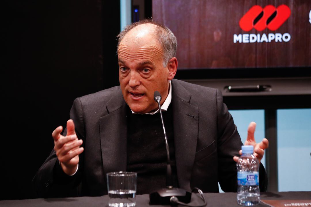 Javier Tebas, presidente de LaLiga, durante un acto de Mediapro