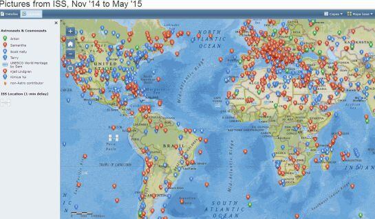 Mapa de la Tierra donde se pueden consultar los tuits publicados desde noviembre de 2014 hasta mayo de 2015 por los astronautras Anton Shkaplerov, Samantha Cristoforettiy Scott Kelly.