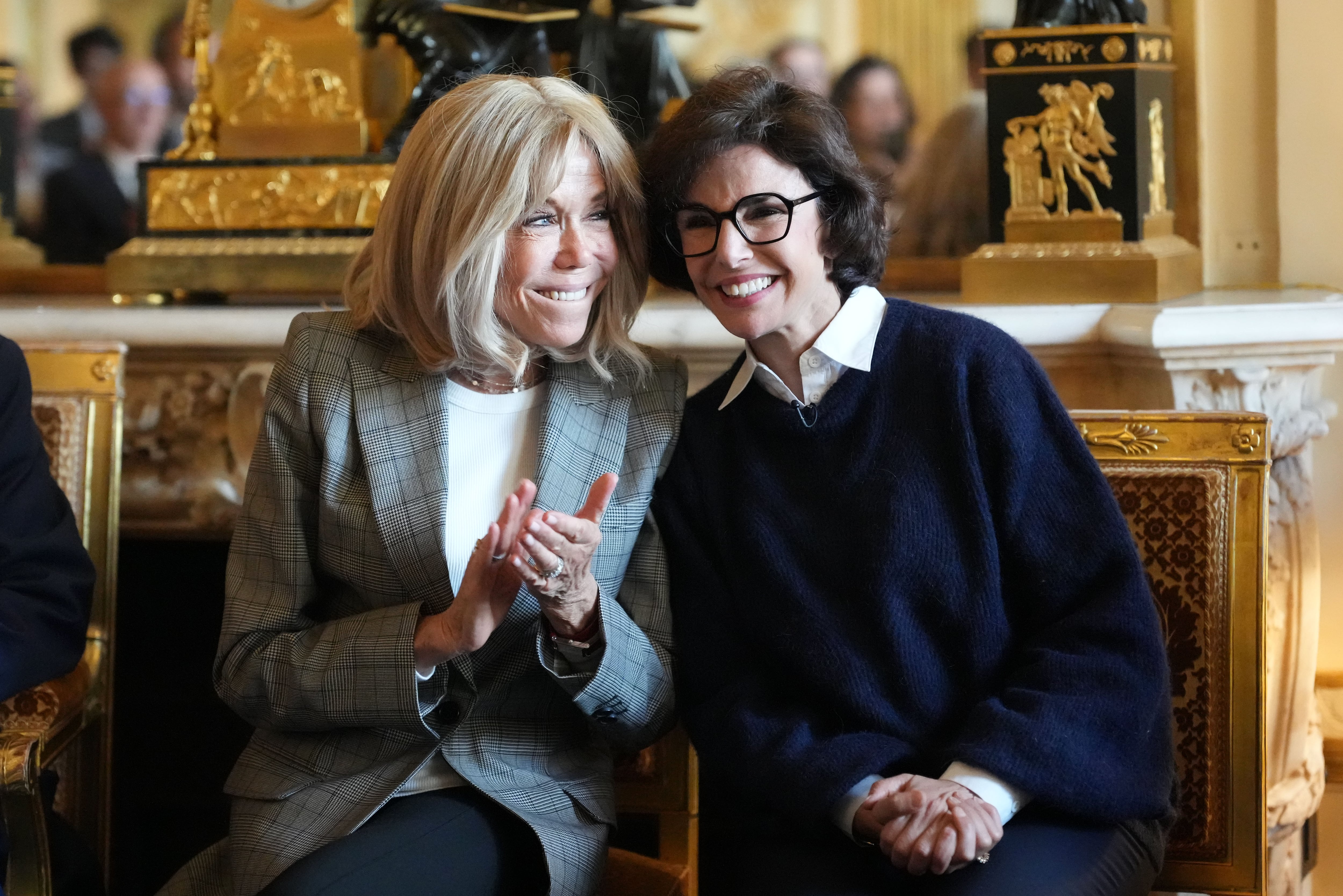 PARIS, FRANCE - MAY 12: Brigitte Macron and Rachida Dati are seen, during the Presentation Ceremony of the Archives of Line Renaud at Ministere de la Culture on May 12, 2025 in Paris, France. (Photo by Edward Berthelot/Getty Images)