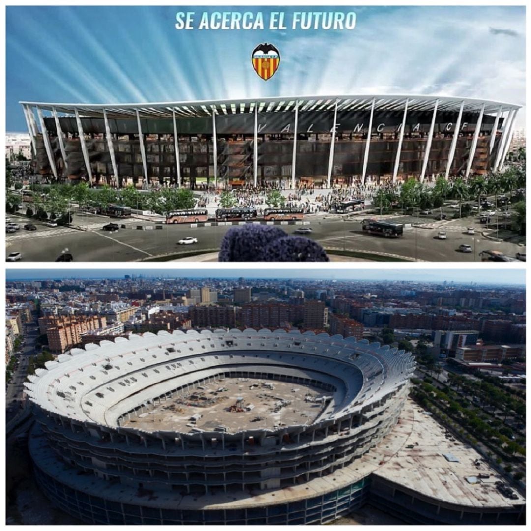 El Nuevo Mestalla presentado por Murthy en 2018... y la realidad.