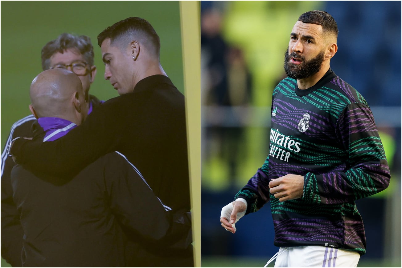 A la izquierda, Cristiano Ronaldo con Pintus, en el entrenamiento del Real Madrid. A la derecha, Benzema, durante un calentamiento.