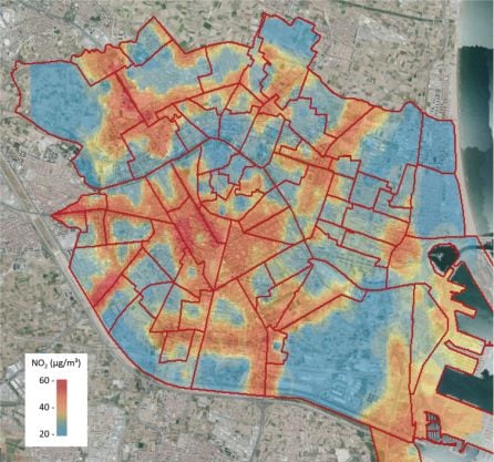 Mapa de calor de la distribución de NO2 en València (2017-2019)