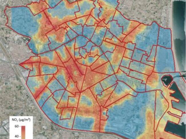 Mapa de calor de la distribución de NO2 en València (2017-2019)