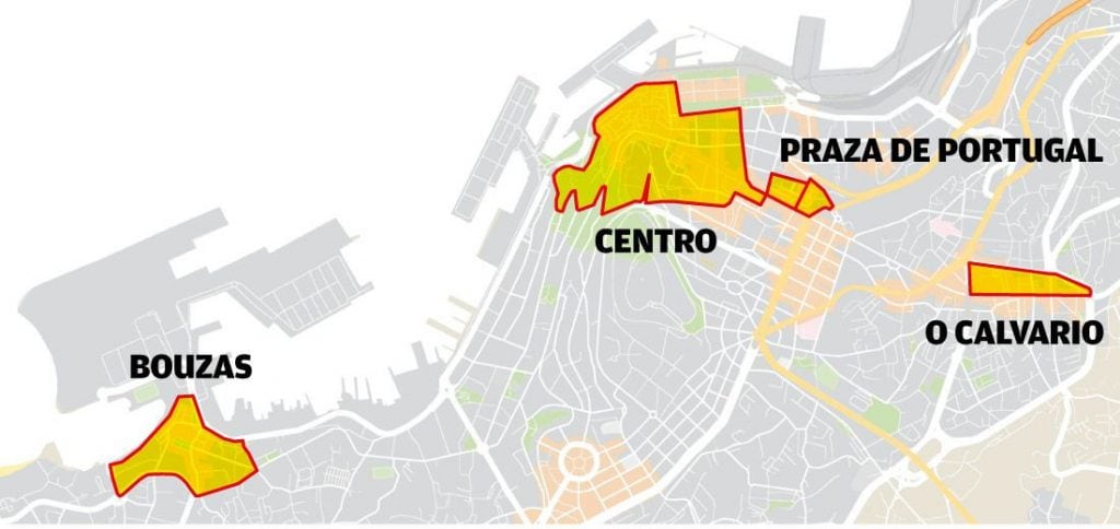 Mapa de la ciudad de Vigo donde se ubican las cuatro zonas de bajas emisiones.