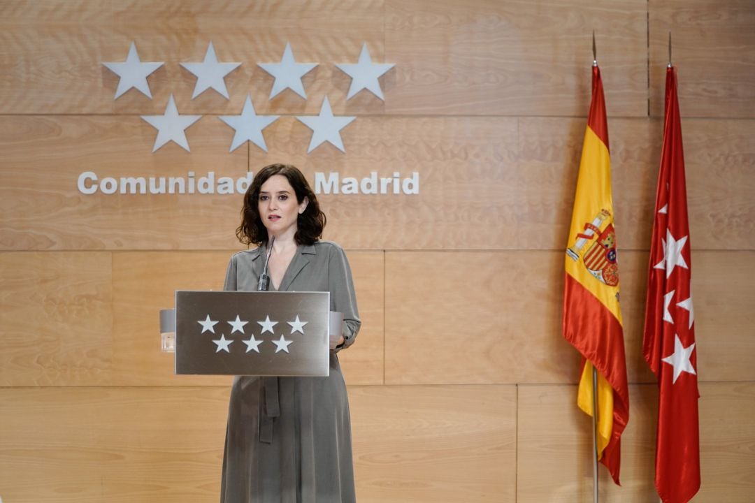 La presidenta madrileña, Isabel Díaz-Ayuso, durante una rueda de prensa en la sede del Gobierno regional. Comunidad de Madrid.