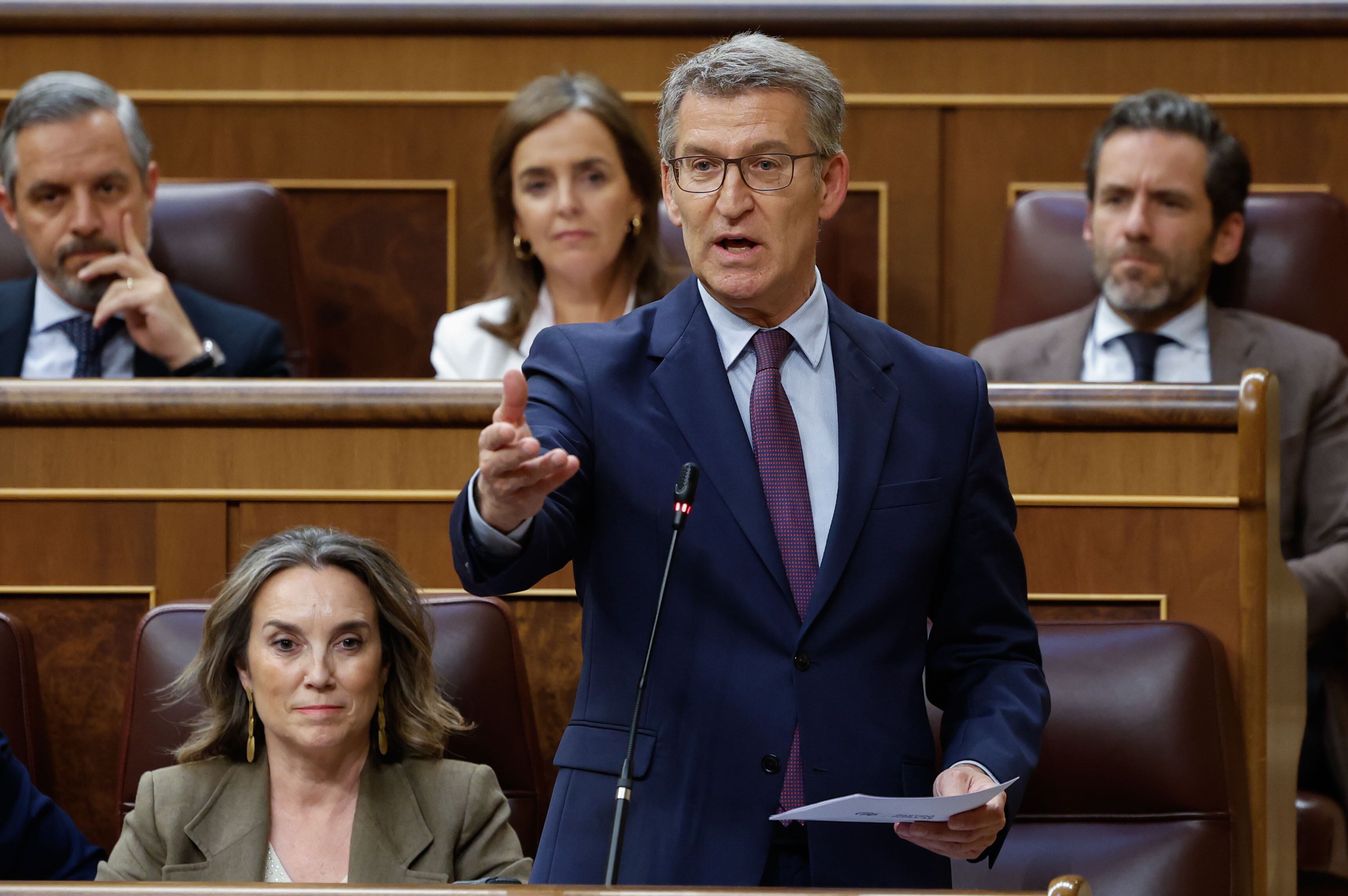 El líder del PP, Alberto Núñez Feijóo, interviene desde su escaño durante el pleno del Congreso de los Diputados celebrado este miércoles.
