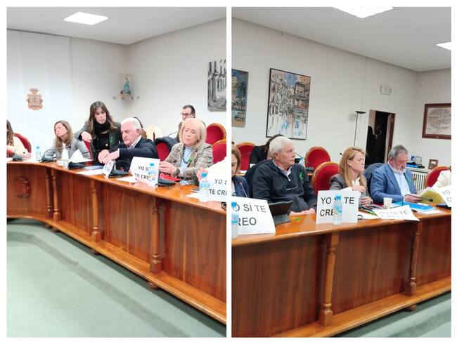 Los concejales socialistas y populares exhibieron durante toda la sesión estos carteles de apoyo a la ex concejal de Sentir Aranda, Viñas Ortuño