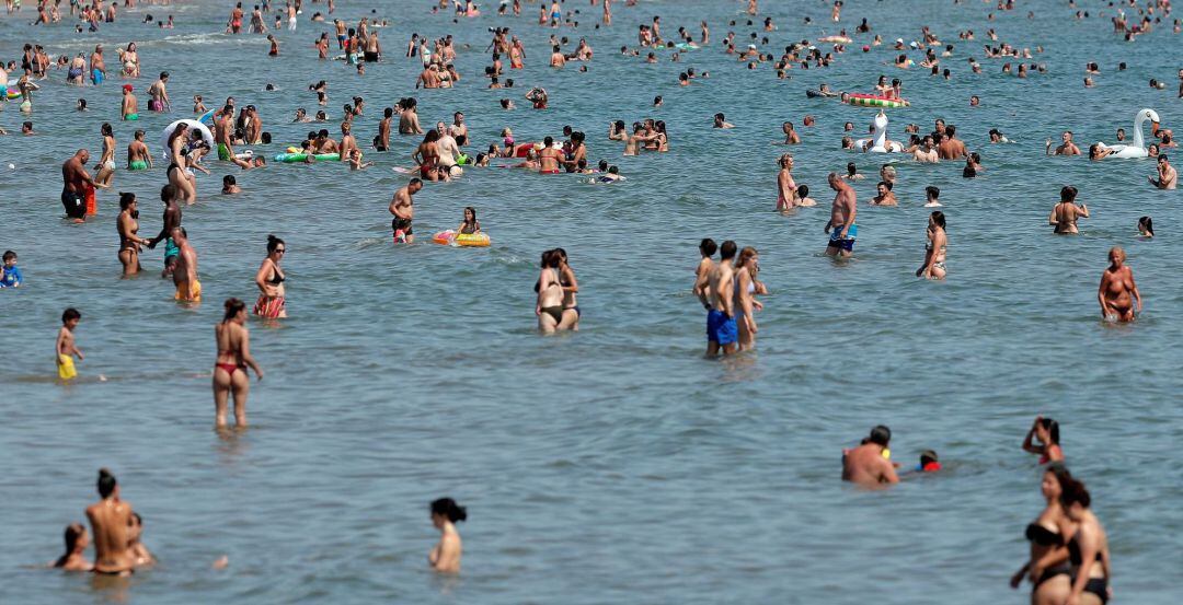 Bañistas en aguas de la playa de la Malvarrosa en una imagen reciente