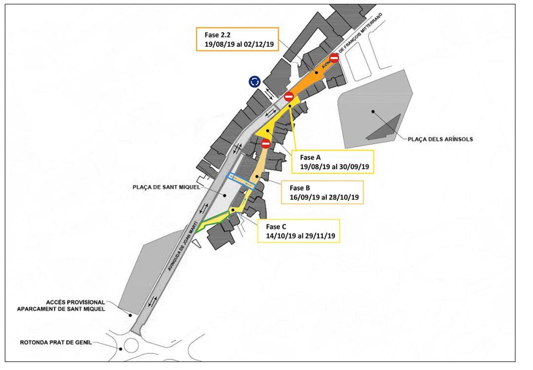 Plànol amb les diverses fases d'afectació a les vies del centre d'Encamp amb motiu de les obres de remodelació de les avingudes principals.