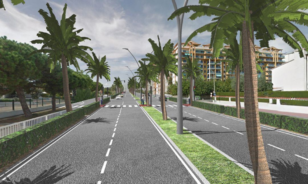 Recreación de cómo será la nueva carretera de Nazaret-Oliva a su paso por la playa de Gandia. 