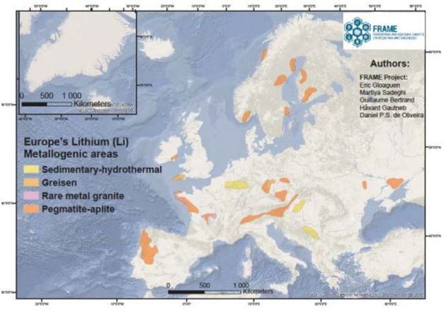 Áreas con depósitos de litio en Europa (Gloaguen et al. 2021; proyecto FRAME-GeoERA).