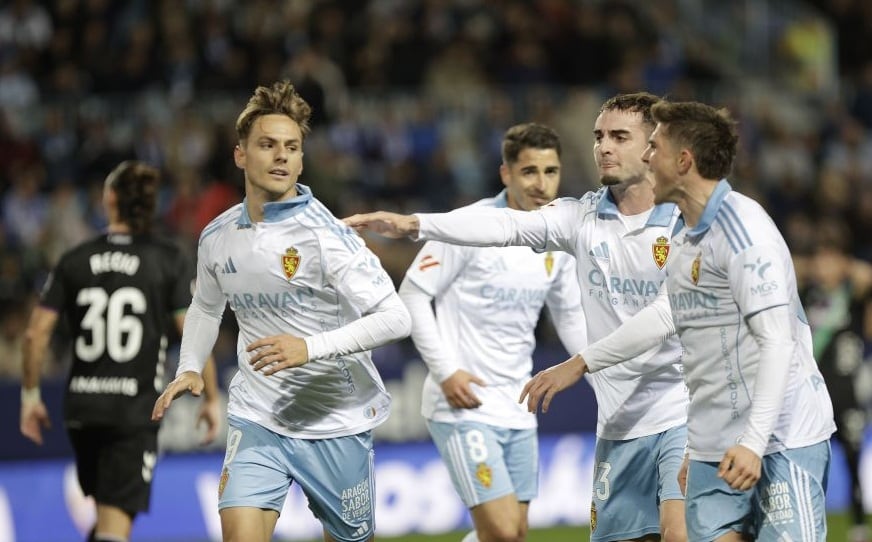 Dani Gómez celebra el gol del empate en La Rosaleda