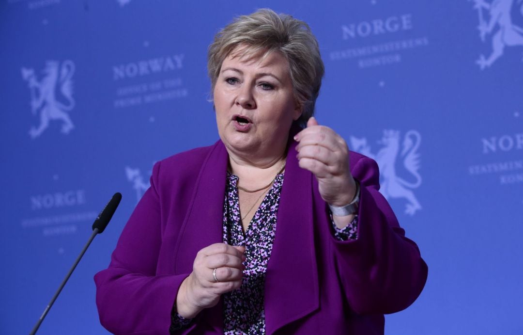 La primera ministra de Noruega Erna Solberg durante la rueda de prensa para explicar la situación ante el coronavirus a los niños