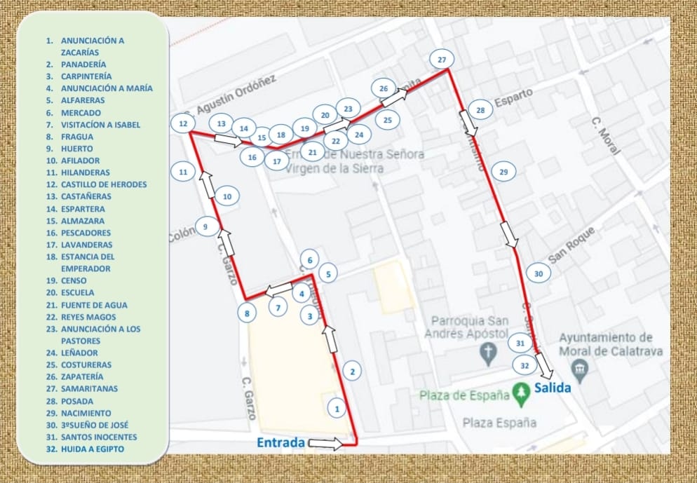 Mapa del recorrido del belén viviente 2022 de Moral de Calatrava