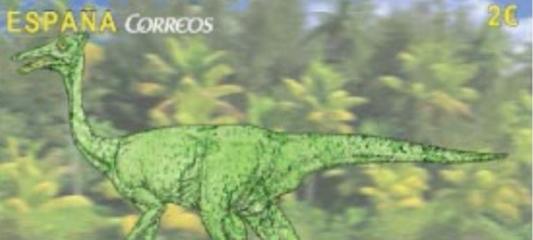 Sello con el dinosaurio conquense Pelecanimimus.