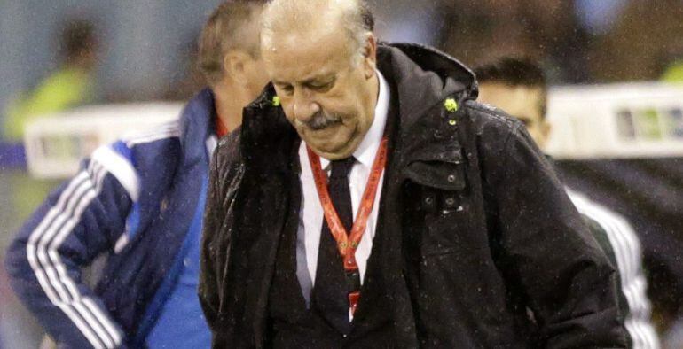 El seleccionador español de fútbol Vicente del Bosque durante el partido amistoso que España y Alemania disputan esta noche en el estadio de Balaídos, en Vigo