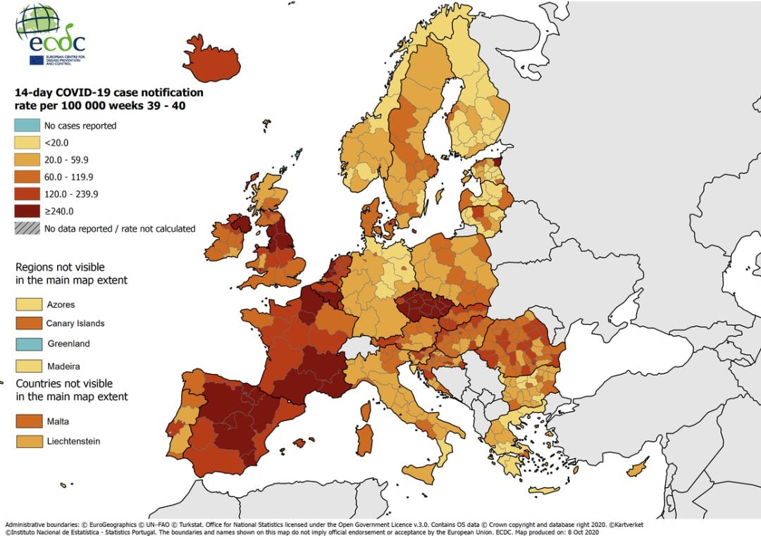 El mapa que elabora el Centro Europeo para la Prevención y Control de enfermedades. 