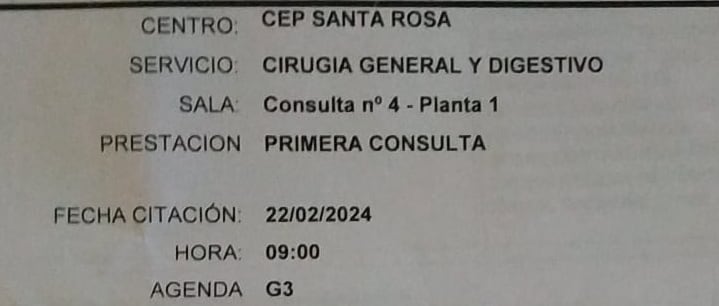 Consulta cirugía general en febrero de 2024
