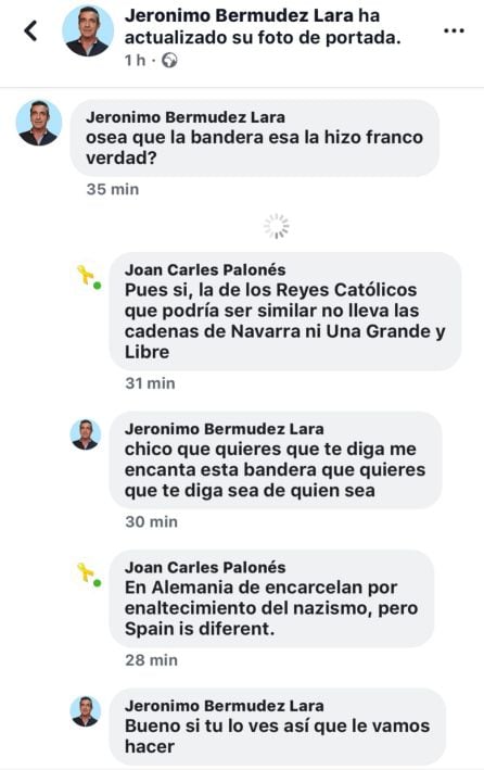 Conversación del perfil de Facebook de Jerónimo Bermúdez, alcalde de Tormos (Alicante)