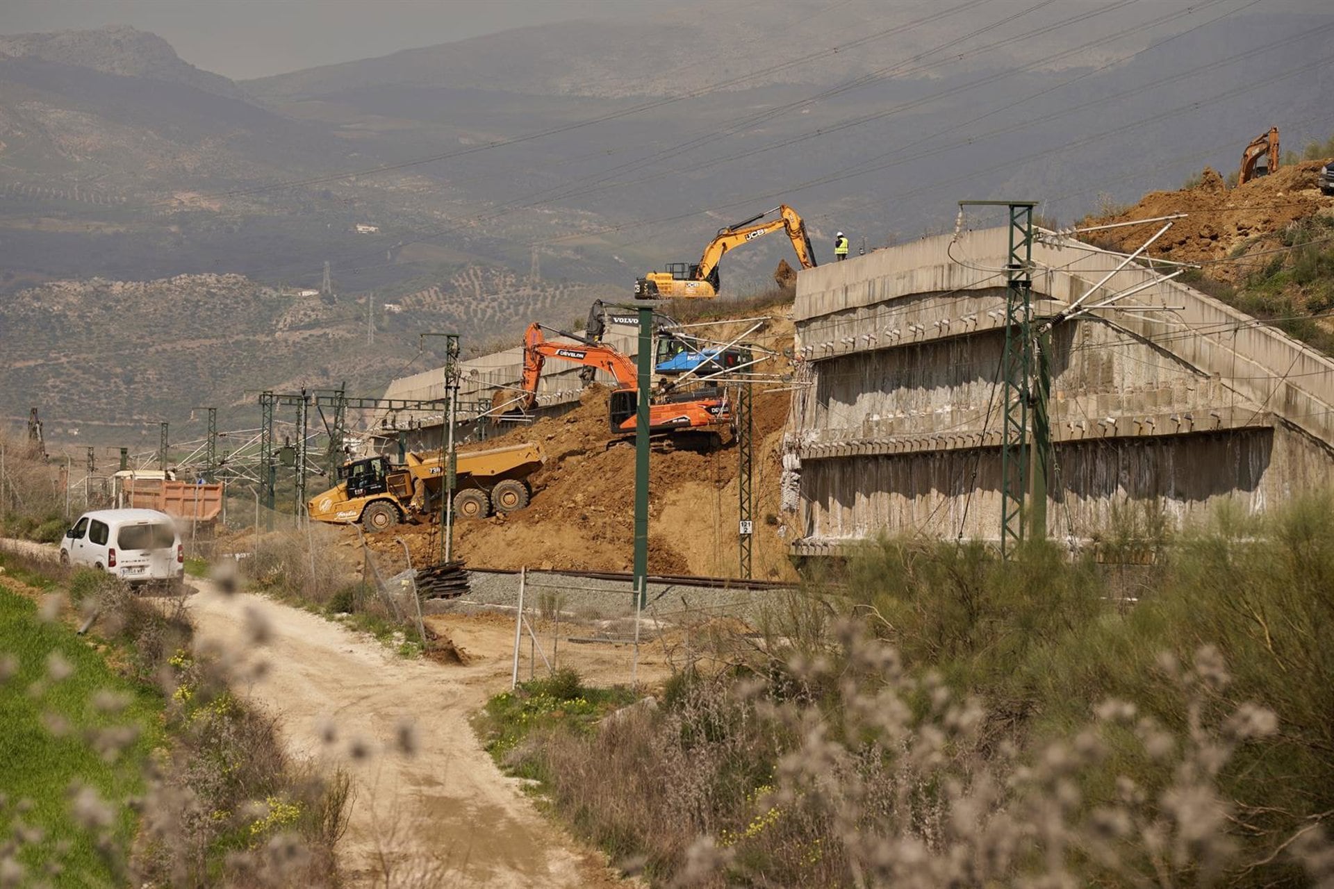 Imágenes de los trabajos que se están llevando a cabo en la vía de Alta Velocidad que une Málaga con Madrid, tras la caída de un muro de contención de cinco metros a la altura del municipio malagueño de Álora