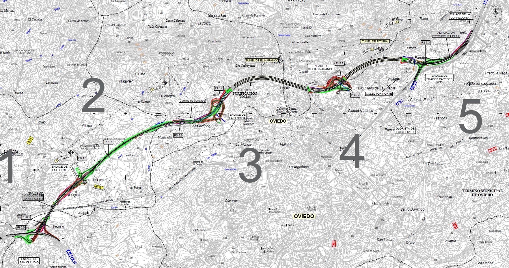 Plano de la alternativa 4 diseñada por Carreteras para la Ronda Norte de Oviedo (Archivo)