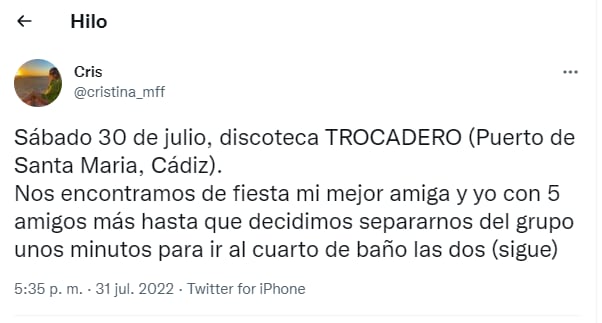 El hilo de la joven explicando cómo sufrió su amiga sumisión química