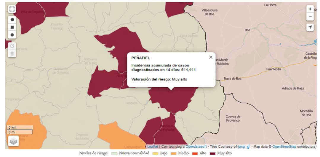 Mapa del Servicio de Epidemiología de la Junta respecto a la tasa de incidencia acumulada en Peñafiel y comarca.