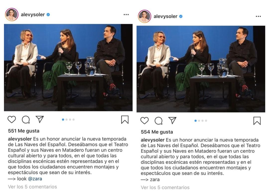 Las dos publicaciones realizadas por la concejala de Cultura, Andrea Levy. La segunda modificada tras la polémica