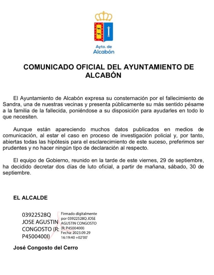 Primer comunicado del Ayuntamiento de Alcabón, con motivo de la muerte de una de sus vecinas