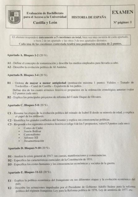 Imagen del examen de Historia de España.