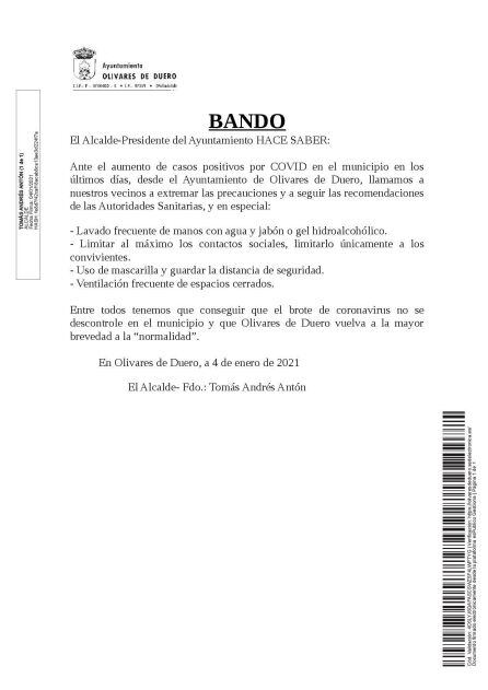 Bando Municipal de Olivares de Duero tras el brote por Covid-19 detectado en el municipio.