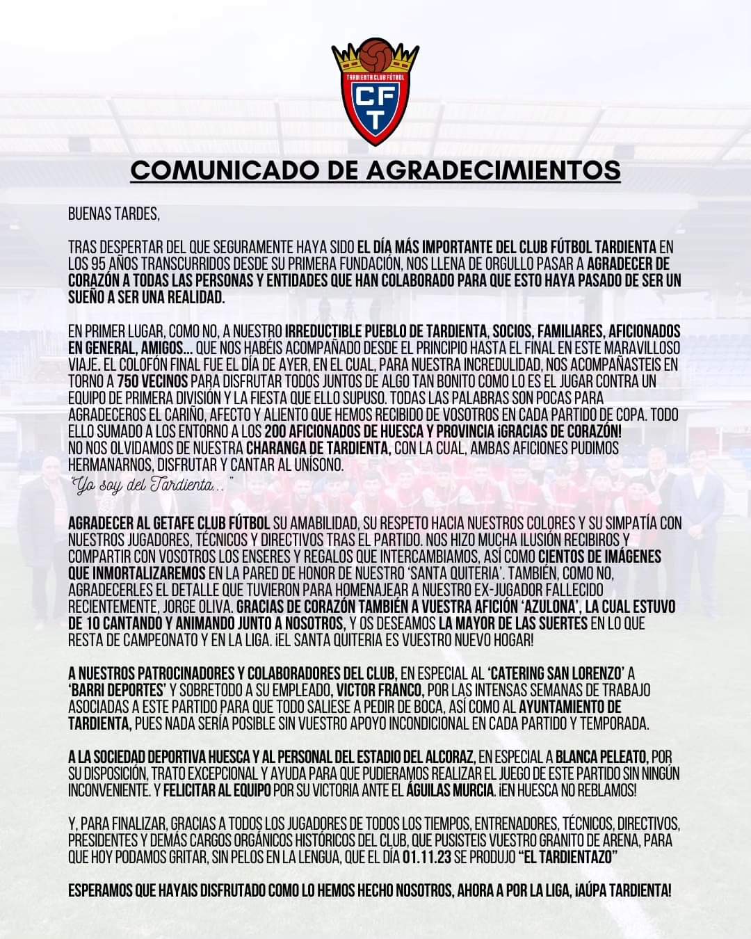 Comunicado del CF Tardienta