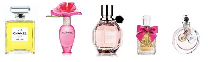 Nº 5 de Chanel, Oh Lola! De Marc Jacobs, FlowerBomb de Viktor & Rolf, Viva la Juicy, de Juiciy Couture y Valentina de Valentino