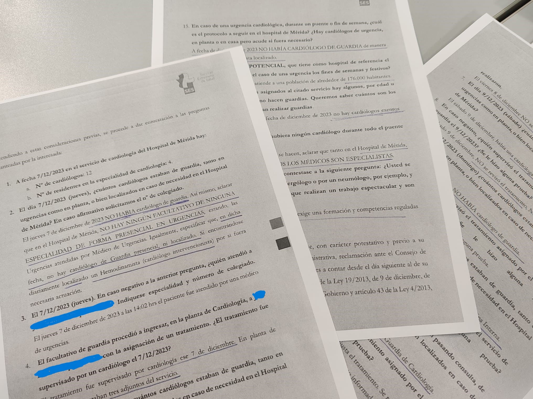 Imagen de tres de las cinco páginas de las que consta la respuesta recibida desde el SES por el denunciante