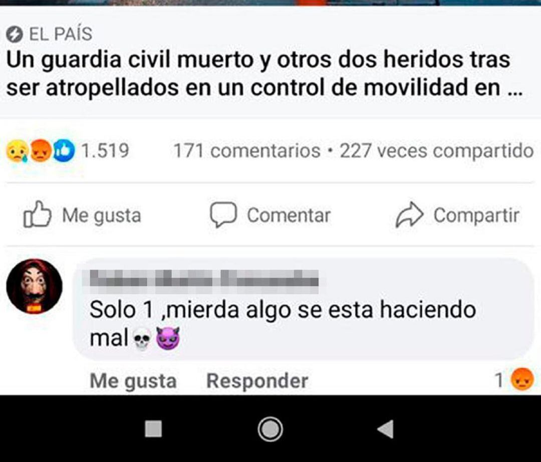 Pantallazo del comentario que se publicó en Facebook