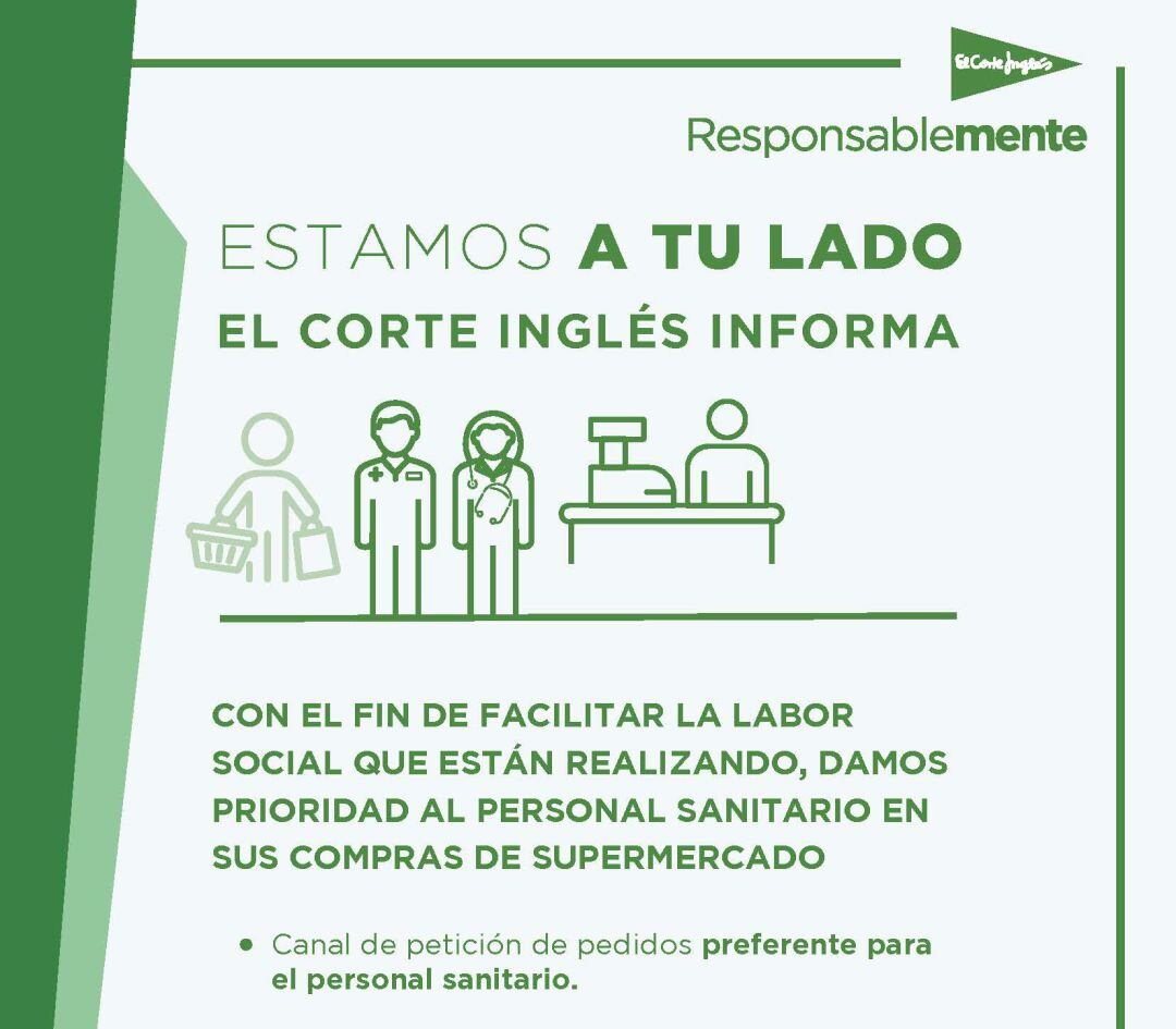 Canal prioritario de compras para el personal sanitario puesto en marcha por el Corte Ingles para &quot;cuidar a los que nos cuidan&quot;