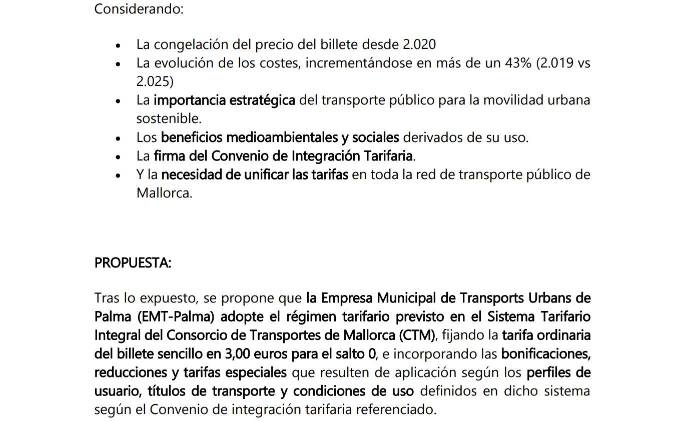 Imagen del documento que recoge la propuesta de la EMT que llevará al Consejo de Administración