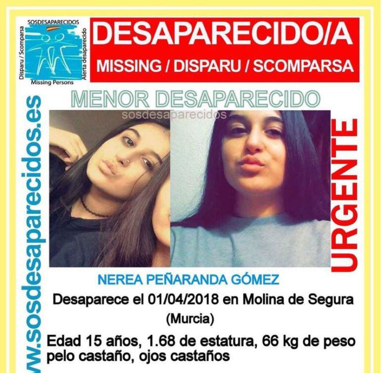 Cartel informando de la desaparición de la menor Nerea Peñaranda.