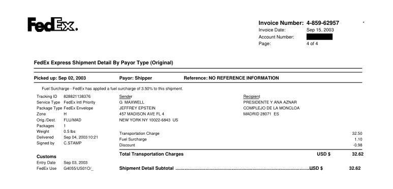Factura del envío de un paquete de José María Aznar a Jeffrey Epstein