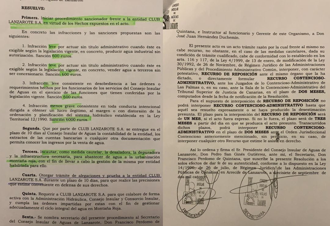 Resolución firmada por el ex secretario del Cabildo de Lanzarote el día anterior a la incautación.