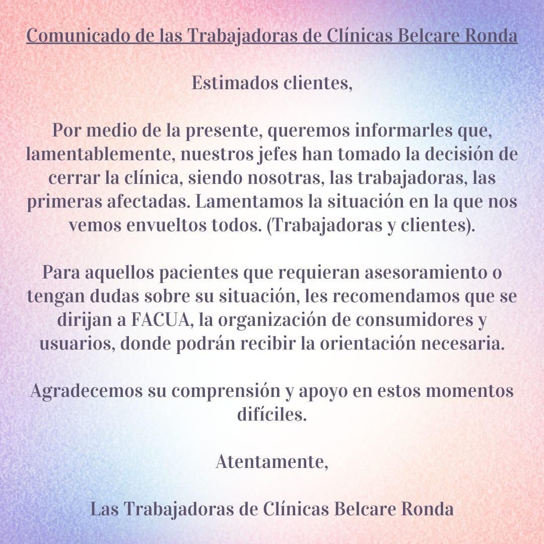 Comunicado trabajadoras Clínica Belcare Ronda