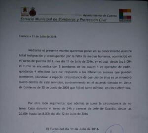Carta de denuncia que los bomberos han enviado al alcalde y publicado en redes sociales