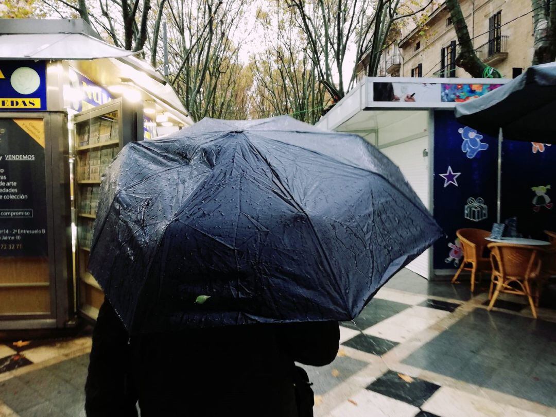 Un hombre pasea bajo un paraguas un día de lluvia.